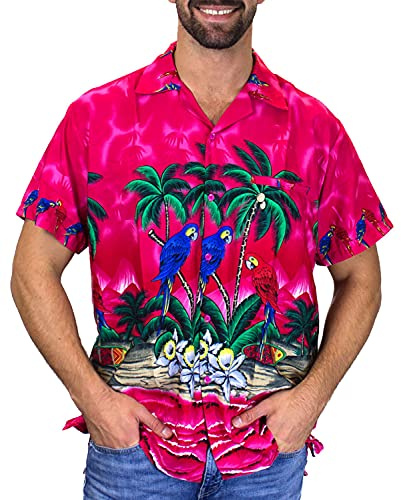 V.H.O. Funky Hawaii-Hemd Herren Kurzarm Front-Tasche Standard-Fit Sommer-Hemd Palmen Strand Papageien