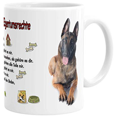 Merchandise for Fans Becher aus Keramik - 330 ml Motiv: Malinois/Belgischer Schäferhund mit Spruch Eigentumsrechte (01)