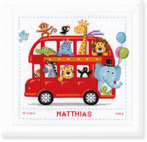 VERVACO Gezählter Kreuzstich Stickpackungen Stickset Baby Geburt Fröhliche Busfahrt Wanddekoration Handarbeit Set für Erwachsene Kreatives Handwerk ca. 28 x 28 cm Geburt Geschenk Hausdeko