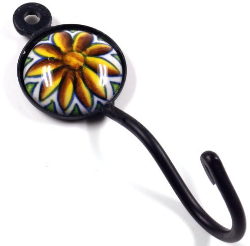 GURU SHOP Runder Blue Pottery Wandhaken, Garderobenhaken mit Handgefertigter Fliese - Modell 4, 13x4x5 cm