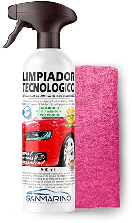 SANMARINO Limpiador Abrillantador en Seco, Cera Líquida Rápida Carnaúba, Limpieza Coche y Moto, LIMPIADOR TECNOLÓGICO 500ML.