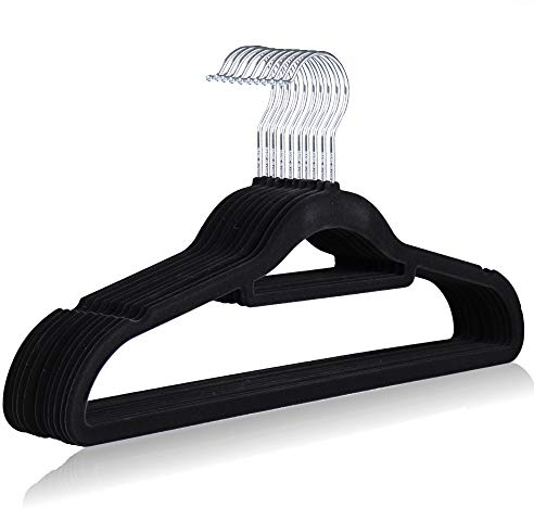 The Hanger Store 20 Black Non-slip Flocked Velvet Space Saving Coat Clothes Hangers with Trouser Bar