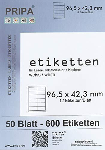 pripa Etikett 96,5 x 42,3 mm Format - 50 Blatt DIN A4 - selbstklebendes Etikett (50)