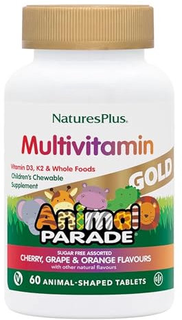 NaturesPlus Animal Parade Gold Children’s Multivitamin - Fun Animal Shaped Chewable Multi for Kids - Cherry, Orange and Grape Flavours - Vegan, Gluten Free - 60 Chewable Tablets