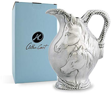 Arthur Court Aluminum Horse and Rope Equestrian Metal Pitcher Water Jug for Hot / Cold Water, Ice Tea and Juice Beverage 10 inch Tall