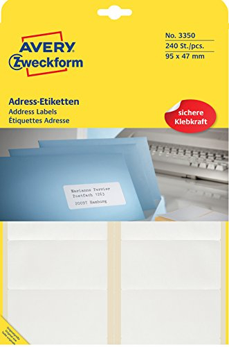 AVERY Zweckform 3350 Adress-Etiketten (Papier matt, 240 Etiketten, 95 x 47 mm, 20 Blatt) weiß