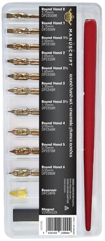 MANUSCRIPT Round Hand Nib Selection Set (10x Nibs) - Wide Selection of Calligraphy Pen Nibs with Classic Wooden Dip Pen Holder, Complete with Ink Reservoir & Magnet