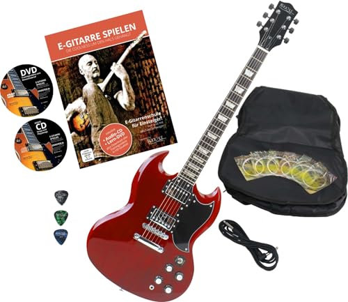 Rocktile Pro S-R E-Gitarre Heritage Cherry mit Zubehör (Gitarren Gigbag Tasche, Kabel, Plektren, Gitarren Schule mit CD & DVD, Gitarrensaiten)