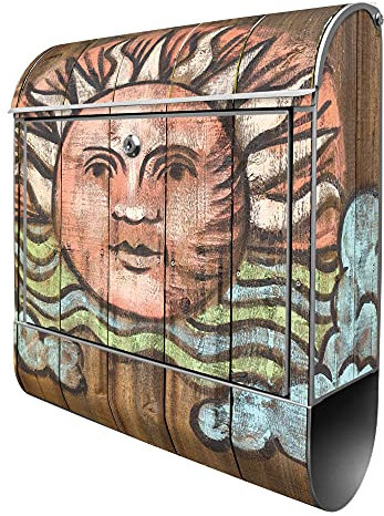 banjado® Design Briefkasten mit Sonne 38,5x46,5x13cm & 2 Schlüssel - Briefkasten Stahl Silber mit Zeitungsfach pulverbeschichtet - Postkasten A4 Einwurf inkl. Montagematerial