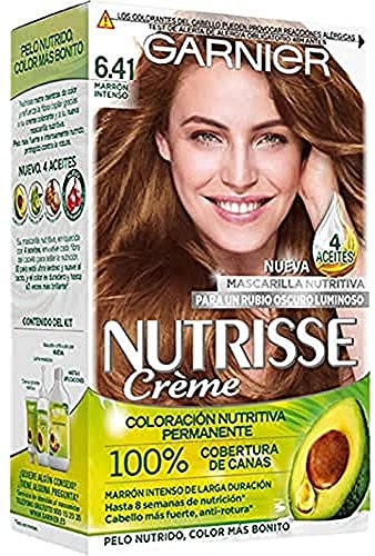 Garnier Nutrisse Creme Coloración Nutritiva Permanente, Tinte 100% Cobertura de Canas con Mascarilla Nutritiva de 5 Aceites - Tono 6.41 Marrón Intenso