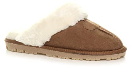 AJVANI Womens ladies flat winter faux sheepskin fur lined slip on memory foam mules slippers size