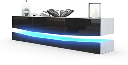 Vladon Lowboard City, Made in Germany, TV-Kommode mit Sockelelement, 1 offenem Fach und 3 Schubkästen, Weiß Hochglanz/Schwarz Hochglanz, inkl. LED-Beleuchtung (178 x variabel x 39 cm)