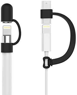 MoKo Stift Kappe Halter Kompatibel mit Apple Pencil 1. Generation, USB Kabel Anbindung & Stiftkappe, Leichte Silikon Hülle Schutzhülle Halterung Stiftehalte für Apple Pencil Zubehör, Schwarz
