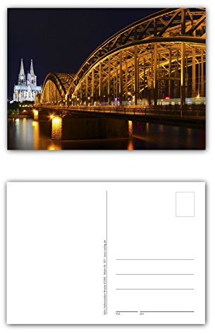LYSCO 12 Stück Postkarten Köln, Hohenzollern Brücke über den Rhein bei Nacht mit Blick auf den Kölner Dom, Format: DIN A6 / 105 x 148 mm (PKT-107)