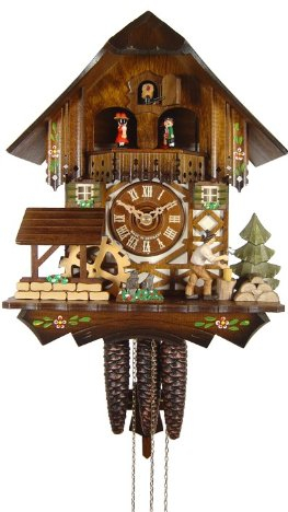 August Schwer Kuckucksuhr Schwarzwaldhaus, Mühlrad, Holzhacker 4.0304.10.C