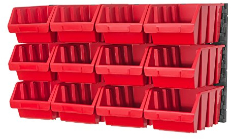 Storage bins with wall mounted panel - 12 large red bins