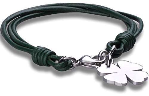 Feilok Fashion Unisex Leder Geflochtene Vier Blatt Klees Armband/Armreif, aus Edelstahl, Grün