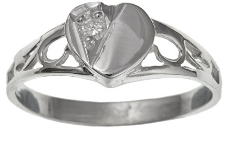 Childrens/Childs/Girls White/Clear Cubic Zirconia (CZ) Set Heart Sterling Silver Signet Ring With Cut-Out Shoulders - Engravable