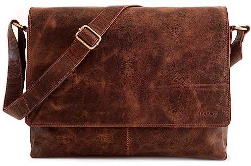 LEABAGS Oxford Leather Shoulder Bag I Laptop Bag up to 15 Inch I Messenger Bag made of Genuine Buffalo Leather in Vintage Look I Leather Bag I Shoulder Bag I Work Bag I 38x10x31cm, Crazy Wine