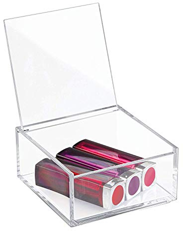 iDesign 39550ES Make Up Organiser (10.2 x 10.2 x 5.1 cm), Medium Acrylic Storage Box With Lid, Lidded Bathroom Storage Box for Makeup and Accessories, Clear