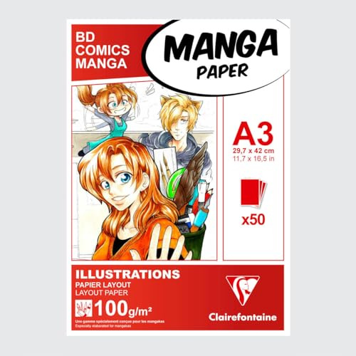 Clairefontaine 94043C Layoutblock (für Manga Comics, ideal für Illustrationen und Multitechniken, DIN A3, 29,7 x 42 cm, 50 Blatt, 100 g, geeignet für Filzmarker mit Alkohol) weiß