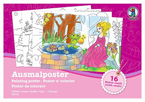 Ursus 24450099 - Ausmalposter Mädchen, DIN A3, 16 Blatt mit 16 verschiedenen Motiven, 120 g/qm, zum Ausmalen von wunderschönen Bildern, mithilfe von Buntstiften und Fasermalern