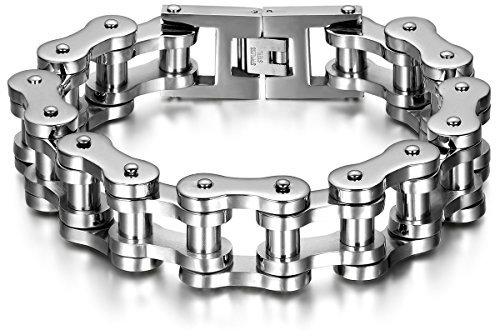 JewelryWe Men's Bike Chain Bracelet: Bold Chunky Stainless Steel Bicycle Link Wristband Biker Bracelets for Men