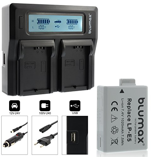 Blumax 1x Dual-Ladegerät + 1x Akku 1020mAh für Canon LP-E5 / EOS 1000D / 450D / 500D / EOS Rebel T1i, XS, Xsi, Kiss F Lader Akku