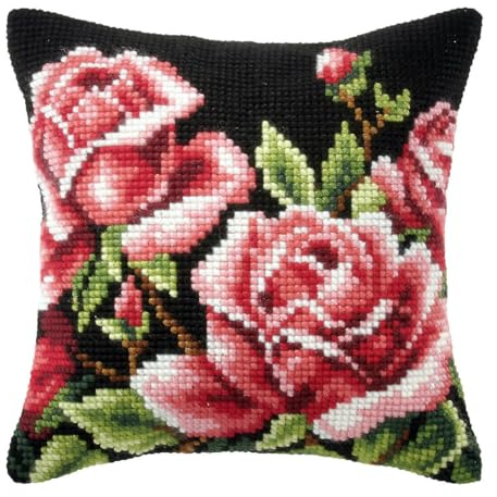 Orchidea Large Cross Stitch Cushion Kit, Roses on Black Background, 40 x 40cm
