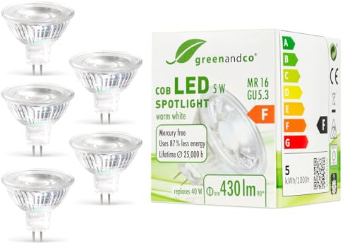 greenandco 5x MR16 GU5.3 | ersetzt 40W | warmweiß 3000K | 5W 430 lm | 38° | flimmerfrei | COB LED Spot | 12V AC/DC | nicht dimmbar