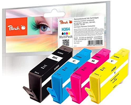 Peach H364/564/655 Spar Pack Druckerpatronen (BK, C, M, Y) ersetzt HP No. 364, N9J73AE, SD534EE für z.B. HP OfficeJet 4620, HP PhotoSmart 6520 e All-in-One, HP DeskJet 3070 A, HP PhotoSmart B 109 a