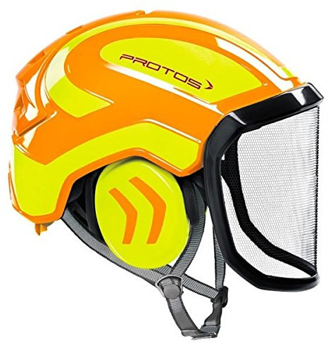 Protos integral arborist safety helmet, ear protection, features: fine visor, colour: orange/yellow