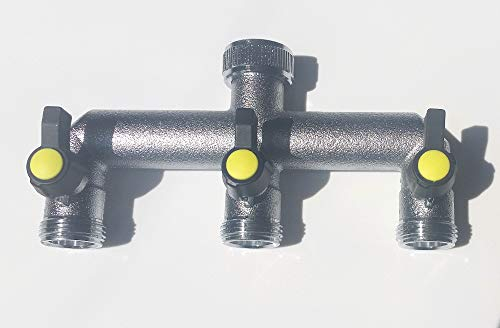 U-Verteiler 3er mit Absperrung flachdichtend, massive Ausführung aus vernickeltem Messing, Schlauchanschlußgewinde 3/4 Zoll Außengewinde, mit 3 Absperr Hähnen, die schöne & haltbare Alternative zu Kunststoffverteilern - Passt auf das übliche 3/4 Wasserhahngewinde (Waschmaschine, Garten)