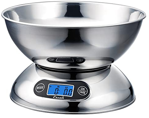 Escali R115 Rondo Balance de cuisine contemporaine 2-Quart, bol résistant au lave-vaisselle, mesure les liquides et les ingrédients, affichage numérique LCD, capacité de 5 kg, acier inoxydable