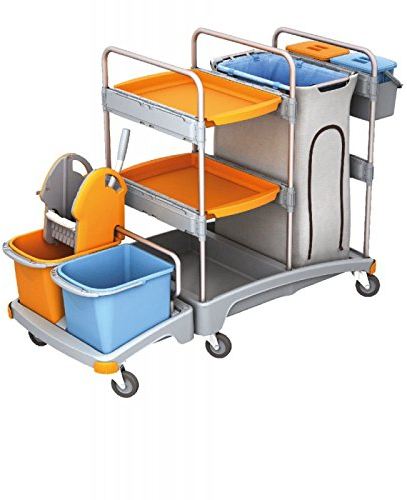 Limpieza con ruedas de plástico Splast - 4 con cubos, escurridor fregona, soporte y estantería