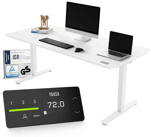 Yaasa Desk Pro Elektrisch Höhenverstellbarer Schreibtisch Weiß/Weiß 200 x 80 cm – Ergonomischer Schreibtisch mit Abgerundeter Tischplatte & ErgoTouch-Display – Traglast 120 kg