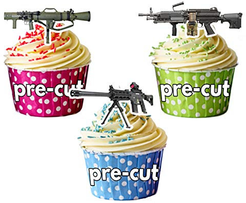 AK Giftshop Novelty Machine Gun Cake Decorations - Edible Cup Cake Toppers (Pack of 12)
