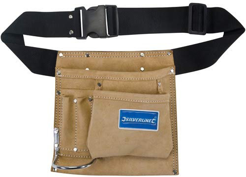 Tool Storage Leather Belts Nail & Tool Pouch 5 Pocket Belt 220mm x 220mm Tough suede. 5 pockets for holding tools, nails and fixings. 1 metal hammer loop. 50mm webbing belt.