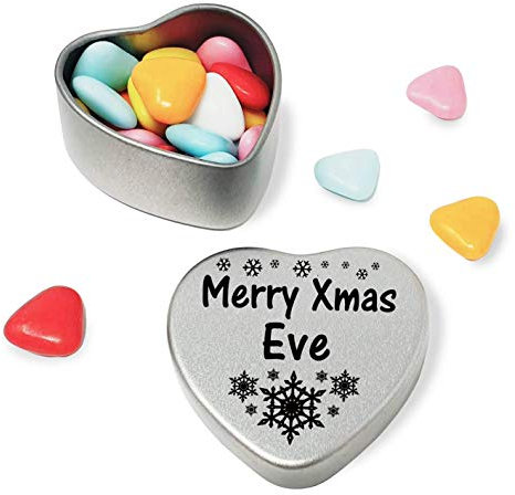 Gift In Can Merry Xmas Eve Heart Shaped Mini Tin Gift filled with mini coloured chocolates perfect christmas card alternative for Eve Fun Festive Snowflakes Design