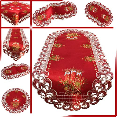 HanaQi Weihnachten Tischläufer Tischdecke Dunkelrot Leinenoptik Rot Kerzen Stickerei (ca. 22x37 cm Oval)