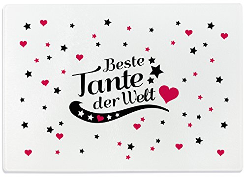 WANDKINGS Glasschneidebrett mit Schriftzug „Beste Tante der Welt“ - Glasschneideplatte, Schneidebrett aus Glas, Frühstücksbrettchen