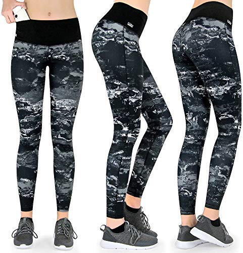 Formbelt Damen Sportlgeggin mit Taschen lang - high Waist Leggins hoher Bund Camouflage Hüfttasche für Smartphone Handy (Marmor, XS)