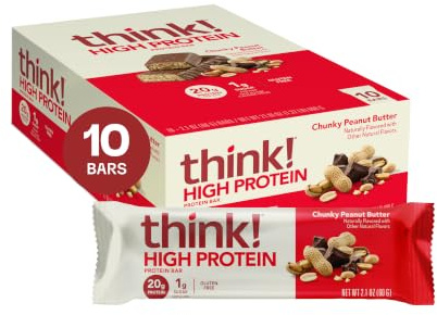 think! Protein Bars, High Protein Snacks, Gluten Free, Kosher Friendly, Chunky Peanut Butter, Nutrition Bars, 2.1 Oz per Bar, 10 Count (Packaging May Vary)
