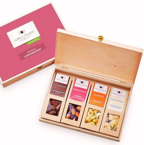 WELLNUSS „Ladiesnight“ – Premium Geschenkset für Frauen in edler Birkenholzbox – 4 exklusive Nuss- & Schokoladen-Snacks – Feinkost Geschenkidee für Freundin, Mutter (4 x 60-70 g)