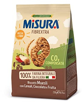 Misura Biscotti Integrali Fibrextra Muesli con Cereali, Gocce di Cioccolato e Frutta | 100% Farina Integrale | Ricchi in Fibre | Confezione da 230 grammi
