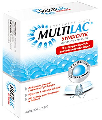 MULTILAC - 10 capsules, Synbiotics, which includes 9 selected strains of probiotic bacteria living. Indications: - during and / or after antibiotic therapy, - the functional bowel disorders (such as bloating, constipation, irritable bowel syndrome), - diarrhea of different etiologies, - in allergic diseases, - in increased susceptibility to infection (colds)