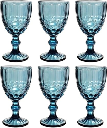 Vintage 6er-Set Farbige Weingläser und Trinkgläser mit Prägung Relief (Schleife, Blau, 350 ml) Weinglas, Trinkglas, Wasserglas, Longdrinkgläser, Cocktail Gläser, Glas, Glaskelche