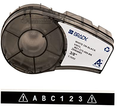 Brady Vinyl-Etiketten für Etikettendrucker M211 & M210 - Vinyl-Klebe-Druckeretiketten - Weiß auf Schwarz (9.53mm x 6.40m) - M21-375-595-BK