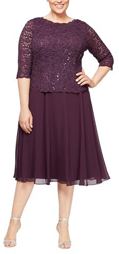 Alex Evenings Women's Plus Size Stretch Lace Bodice Mock One Piece Gown Special Occasion Dress, Deep Plum, 18W