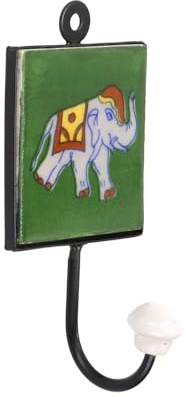 Wandhaken, Garderobenhaken mit handgefertigter Fliese, 8x8 cm, Modell 2 | Keramik & Metall, handbemalt, indischer Charme, ideal für Flur und Wohnzimmer